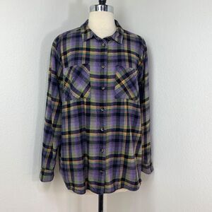 Purple Plaid Cotton Flannel Shirt Blouse 1X Long Sleeve Button Front Western